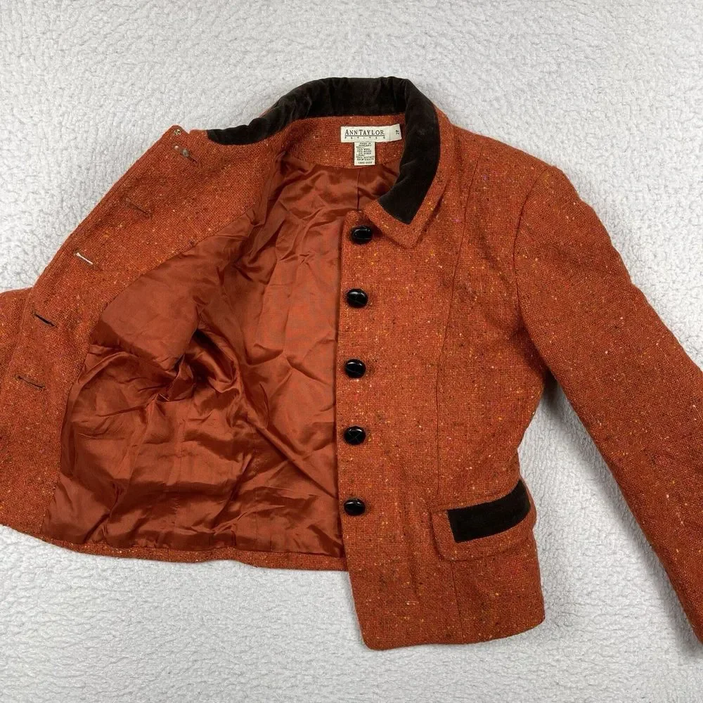 Ann Taylor Jacket Womens 2 Petite Orange Wool Blend Blazer Lined Speckled Career